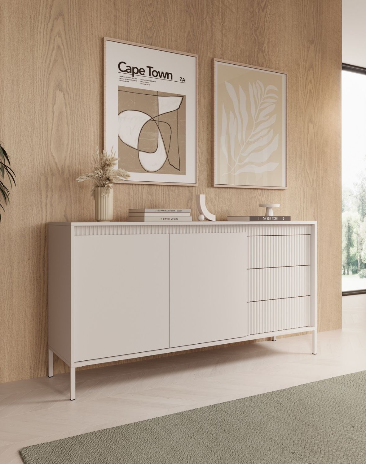 beżowa komoda do salonu z szafkami i szufladami senso b