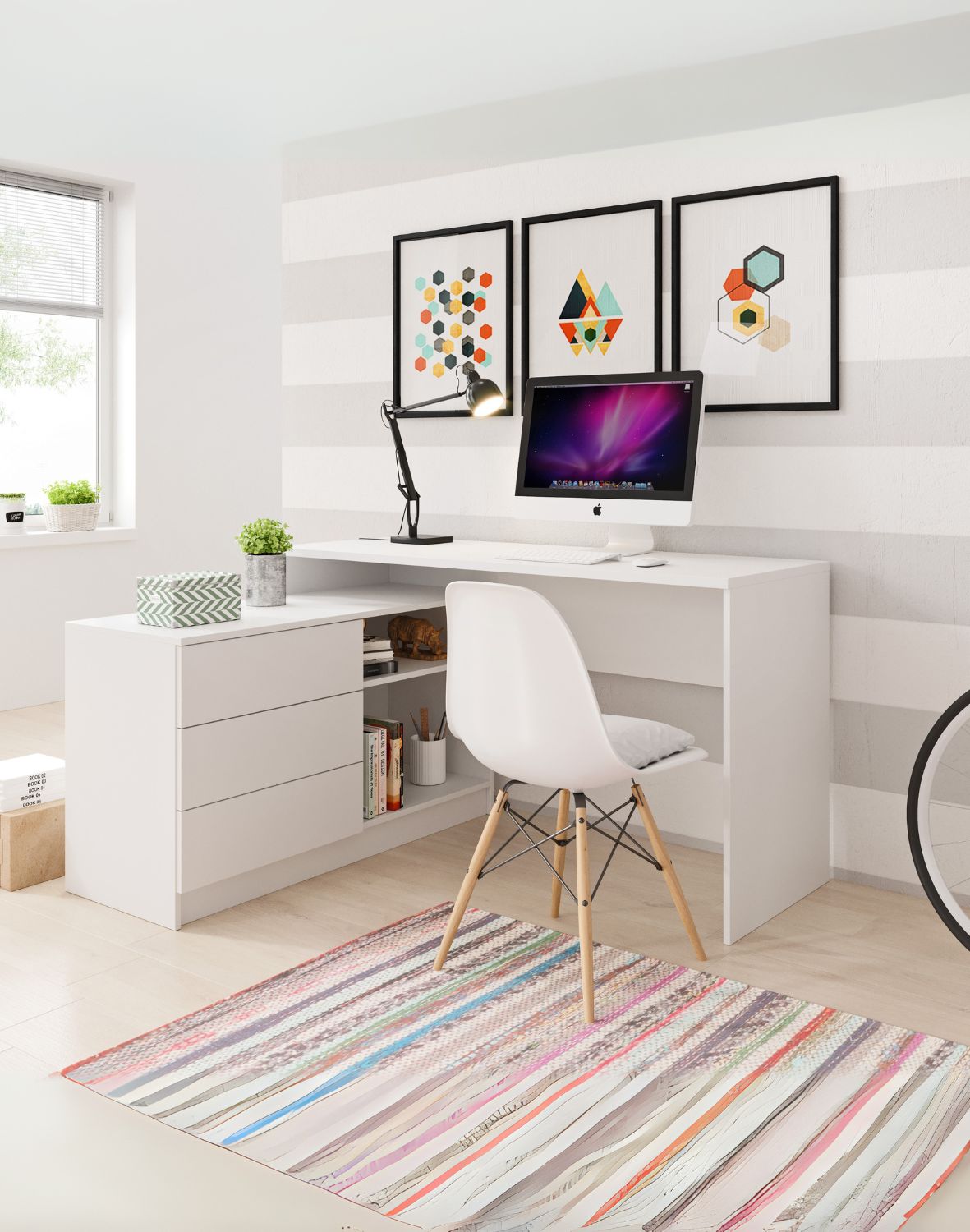 białe biurko narożne z szafką teo