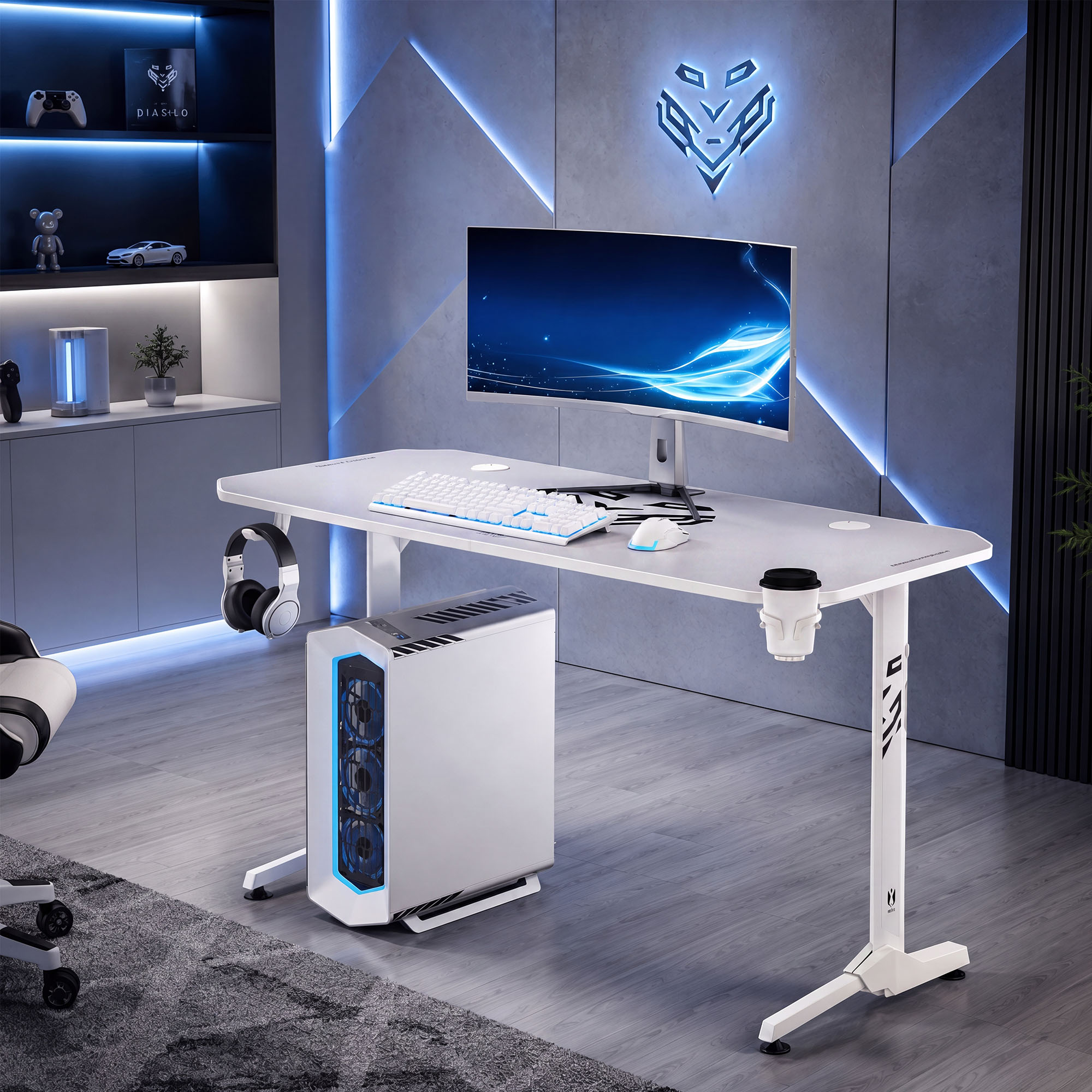 Biurko gamingowe z uchwytem na słuchawki i kubek białe, 140 cm: Diablo X-Mate 1400 13