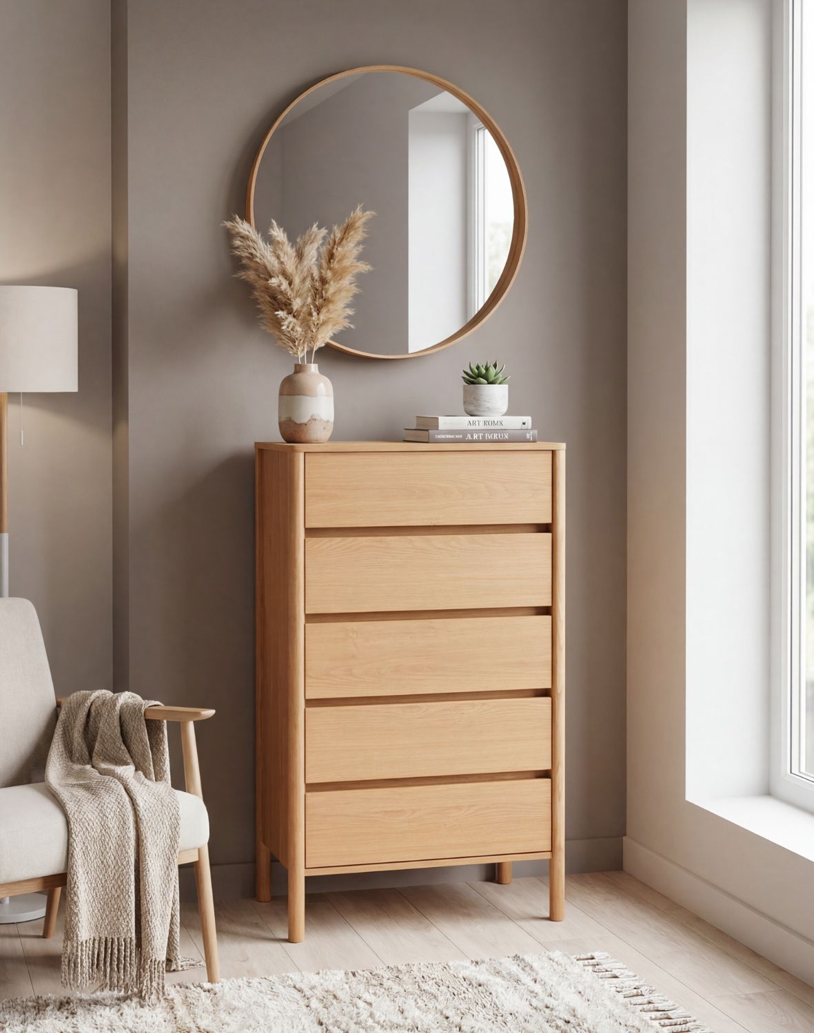 wysoka komoda blair z 5 szufladami (cd02) naturalny dąb 70x118 cm