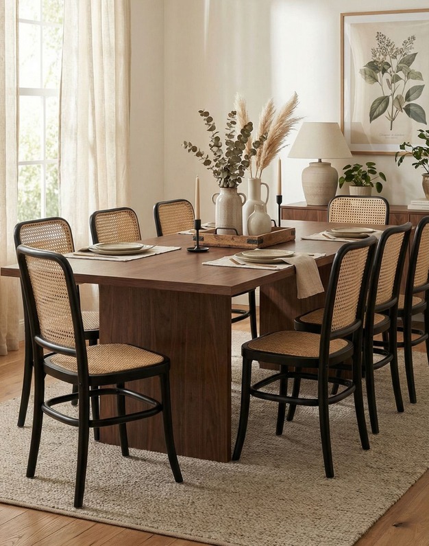 drewniane krzesła rattanowe viki z okąrgłym stołem fjord w jadalni
