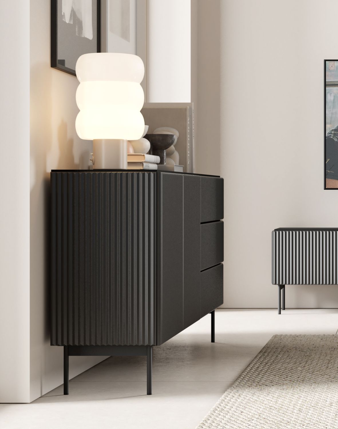 czarna ryflowana komoda do salonu muti d