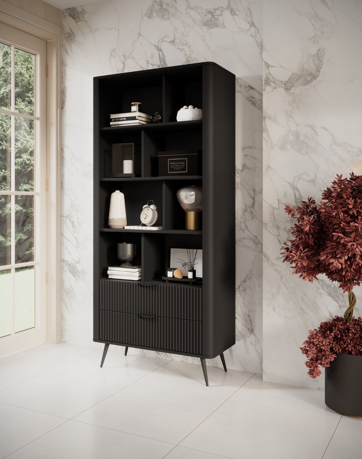 czarny regał na książki z szufladami lante 1