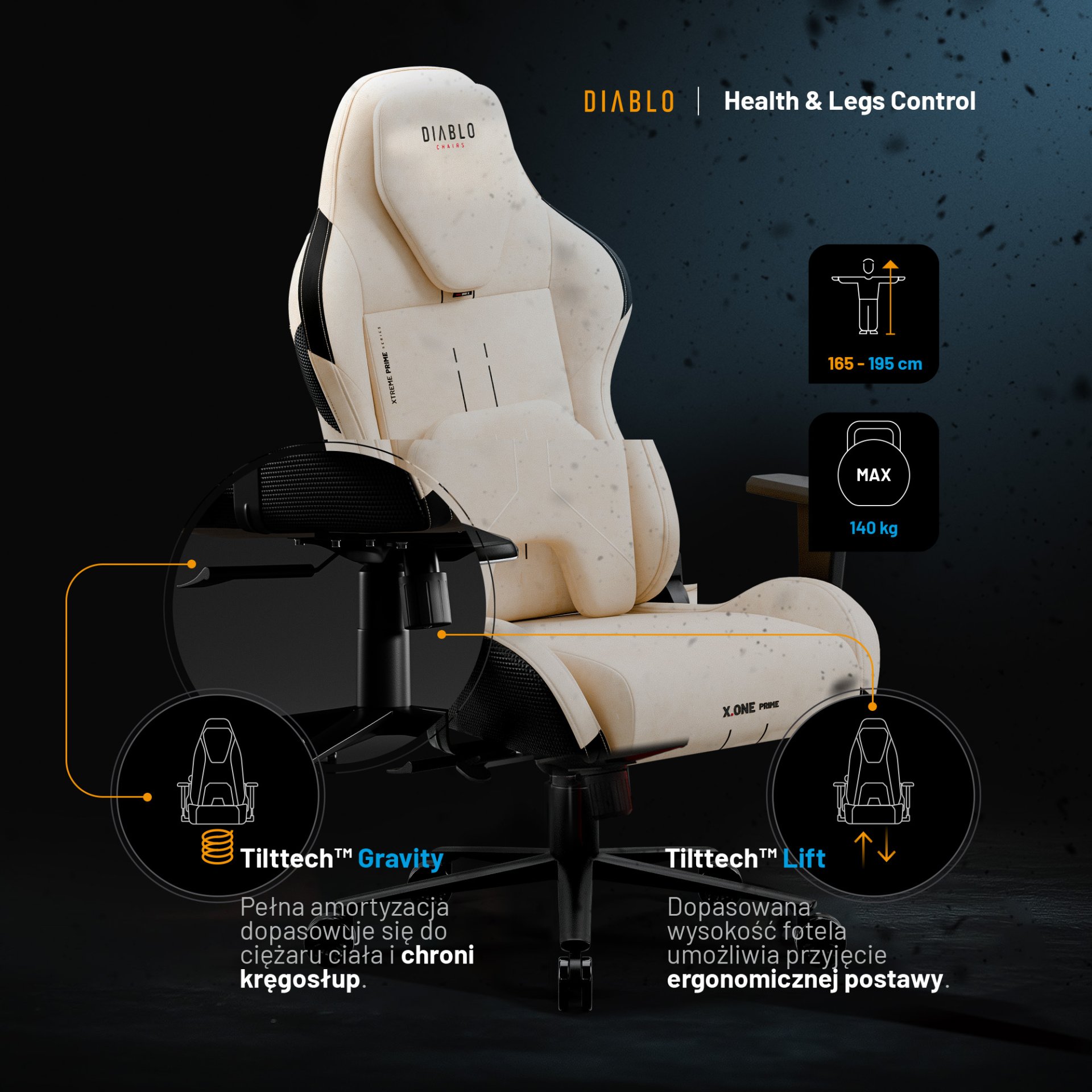 Fotel gamingowy beżowy z chłodzącym siedziskiem, Normal Size: Diablo X-One Prime Desert Storm 3