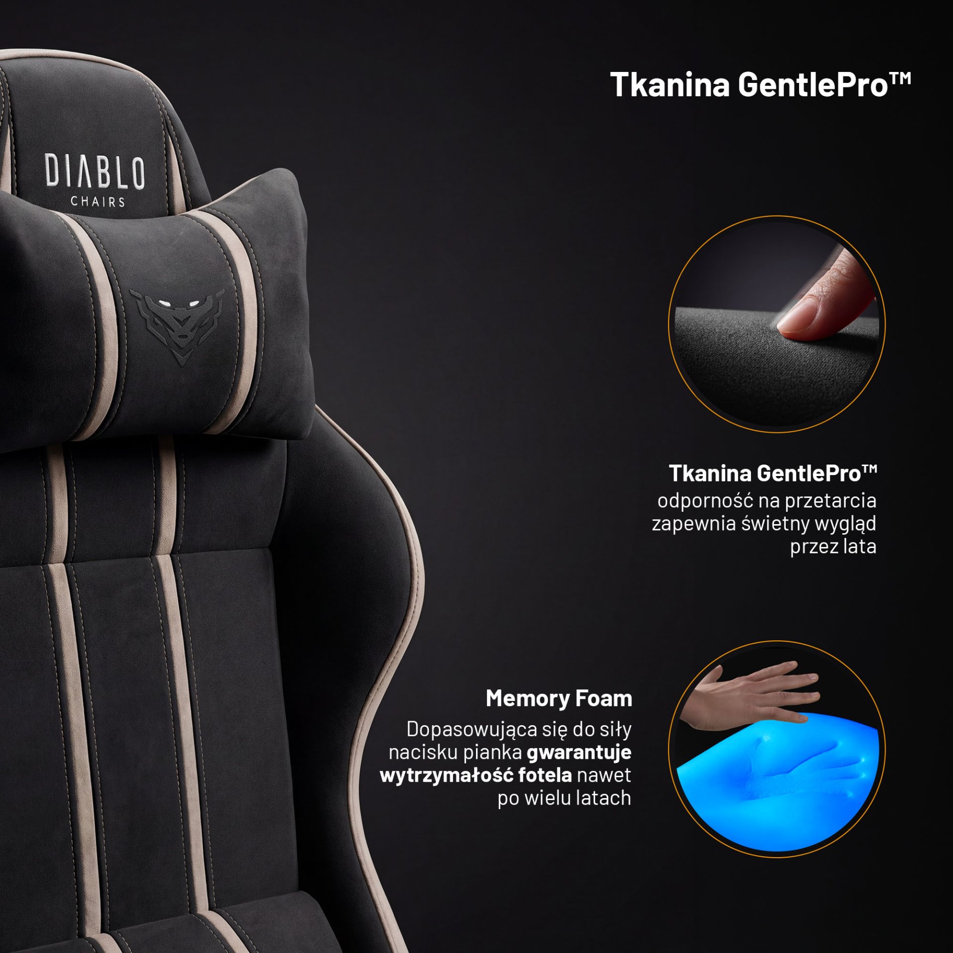 Fotel gamingowy materiałowy Small Size, czarno-beżowy: Diablo X-One 2.0 Camel Black 3
