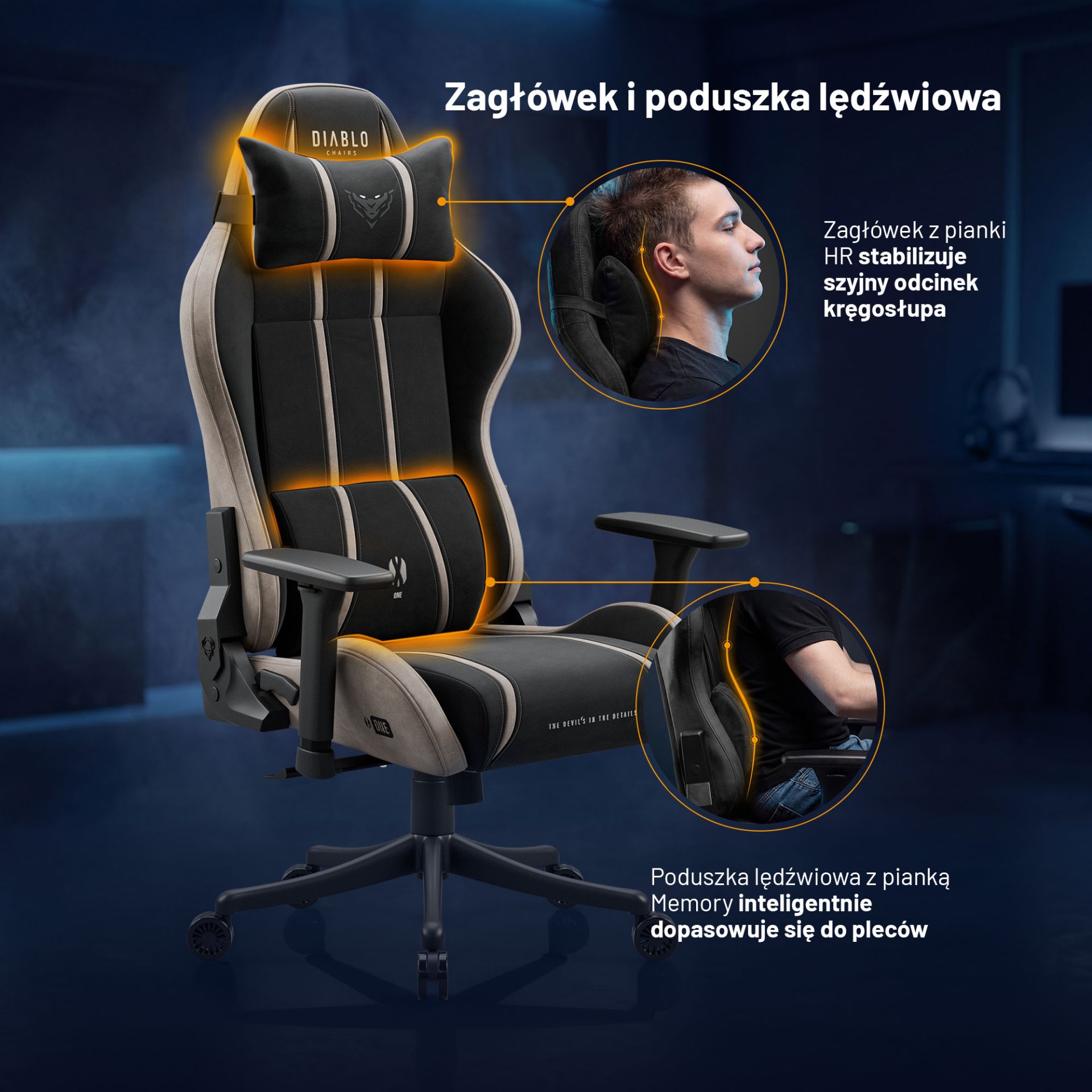 Fotel gamingowy materiałowy Small Size, czarno-beżowy: Diablo X-One 2.0 Camel Black 7