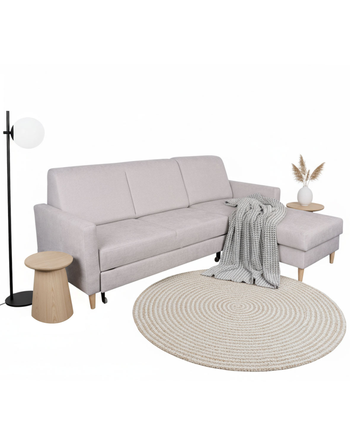 Szary narożnik skandynawski z funkcją spania Freya