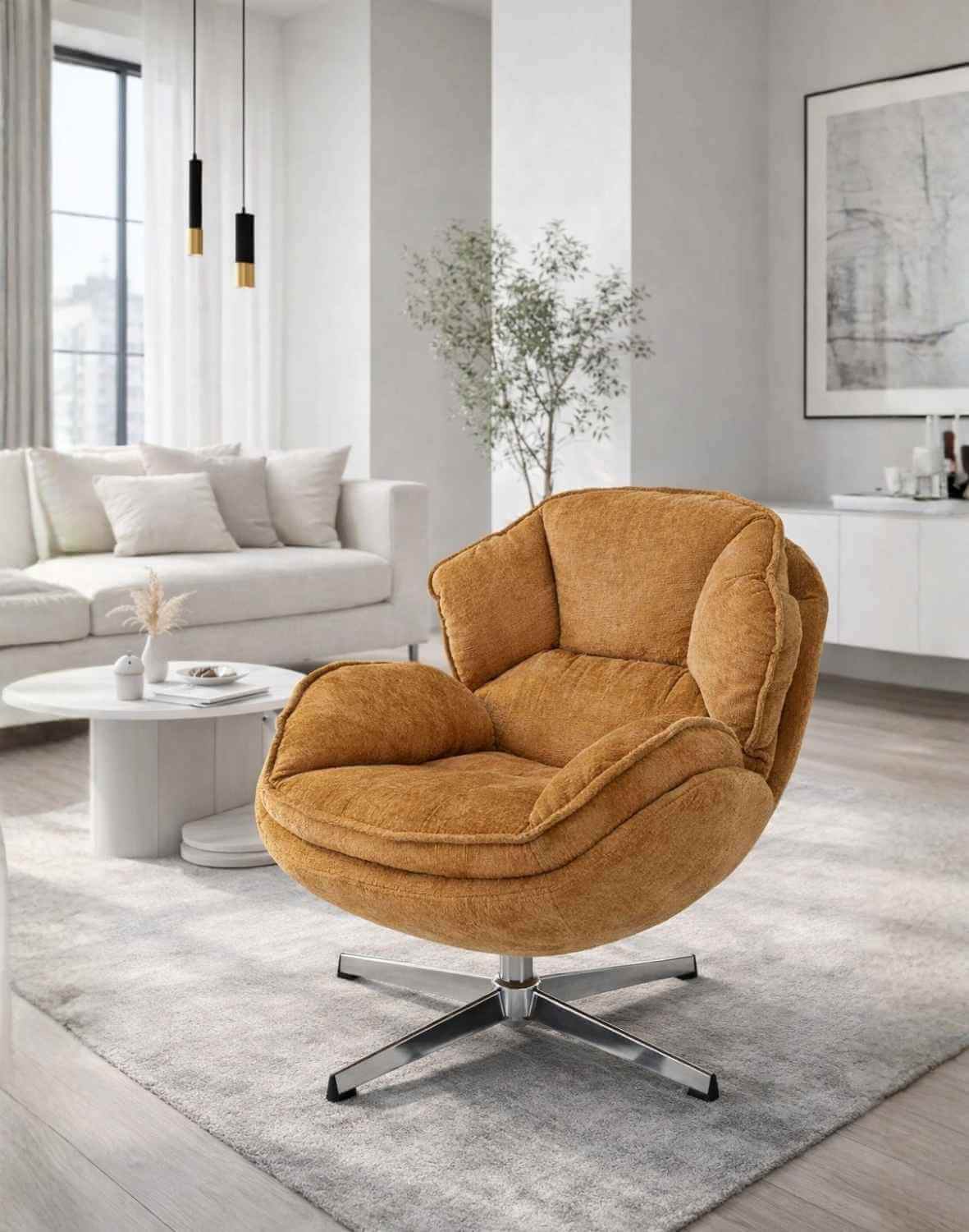 fotel obrotowy guido musztardowy, obrotowy 360°, chrom