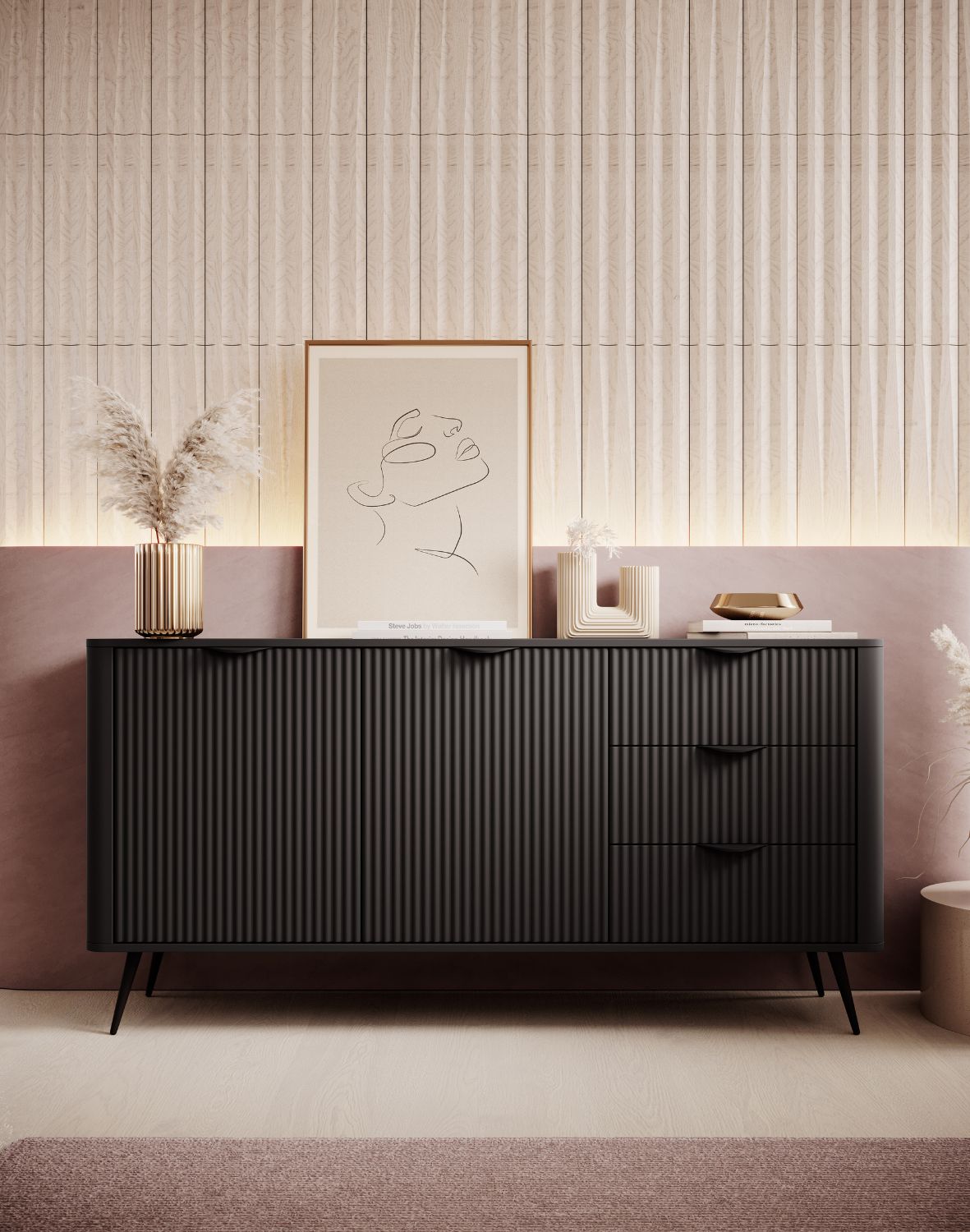 czarna komoda ryflowana na nóżkach lante c