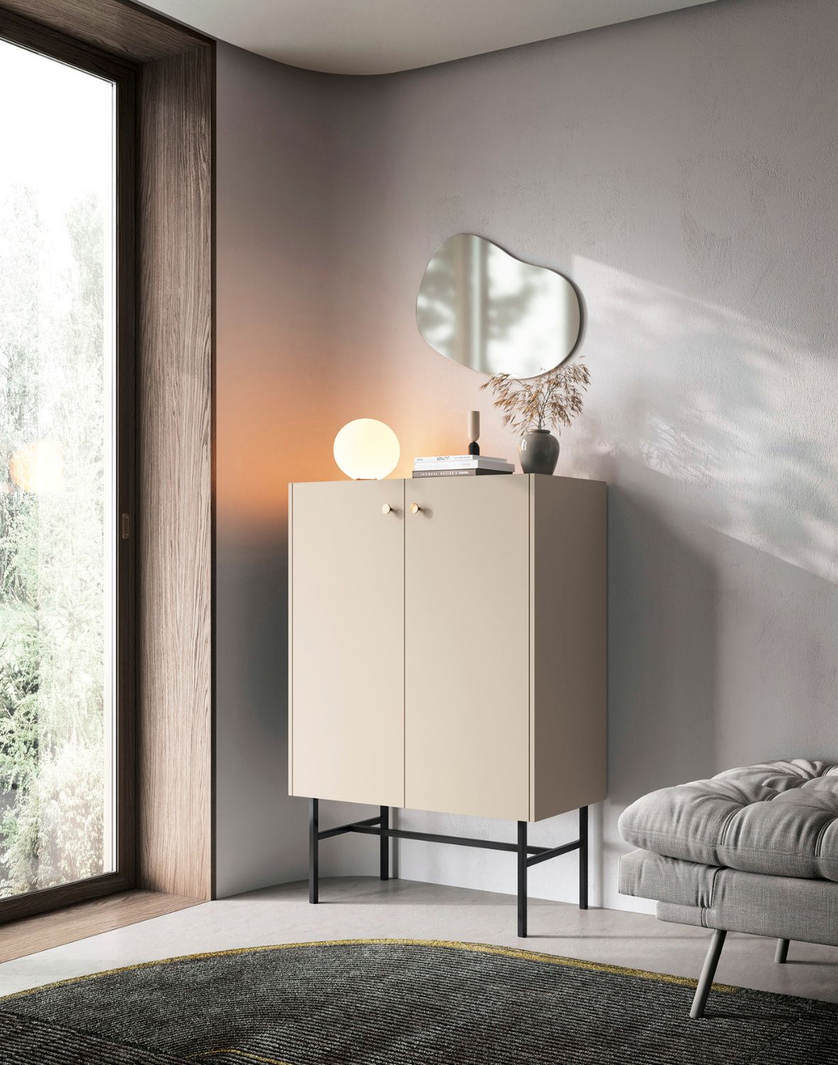 Komoda kaszmirowa Diva z drzwiami i półkami na metalowym stelażu 93 cm