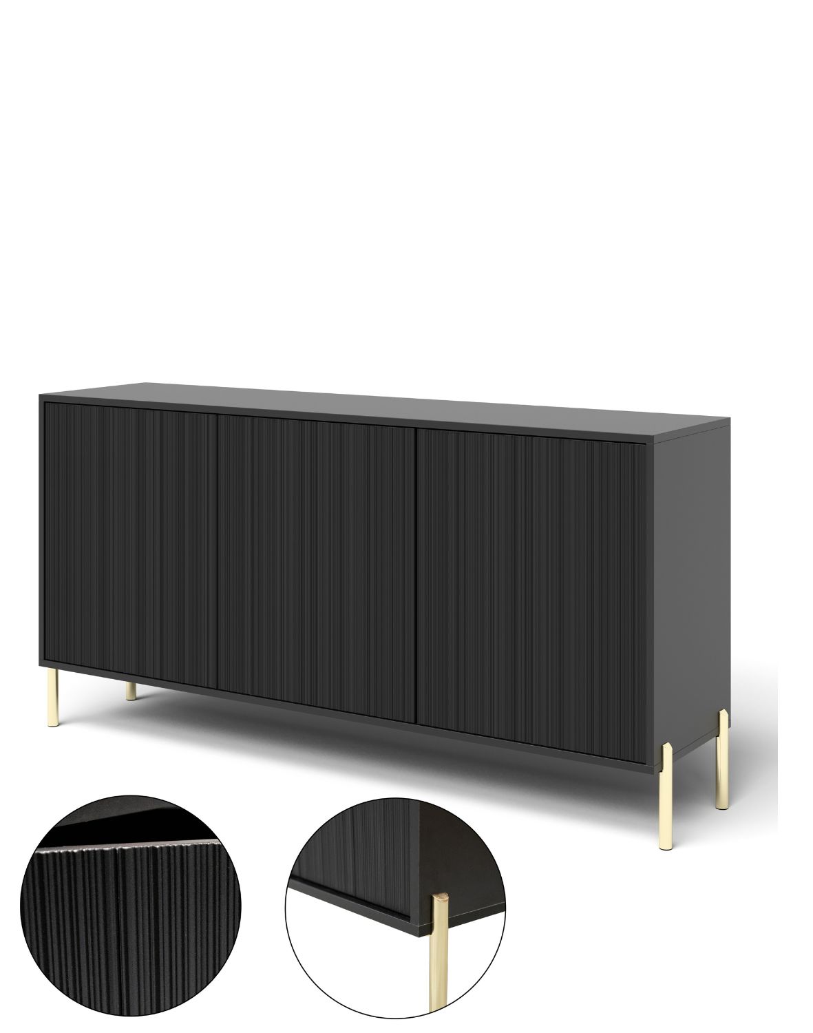 Komoda Oslo 154 cm – Czarna z Ryflowanym Frontem i Złotymi Nóżkami