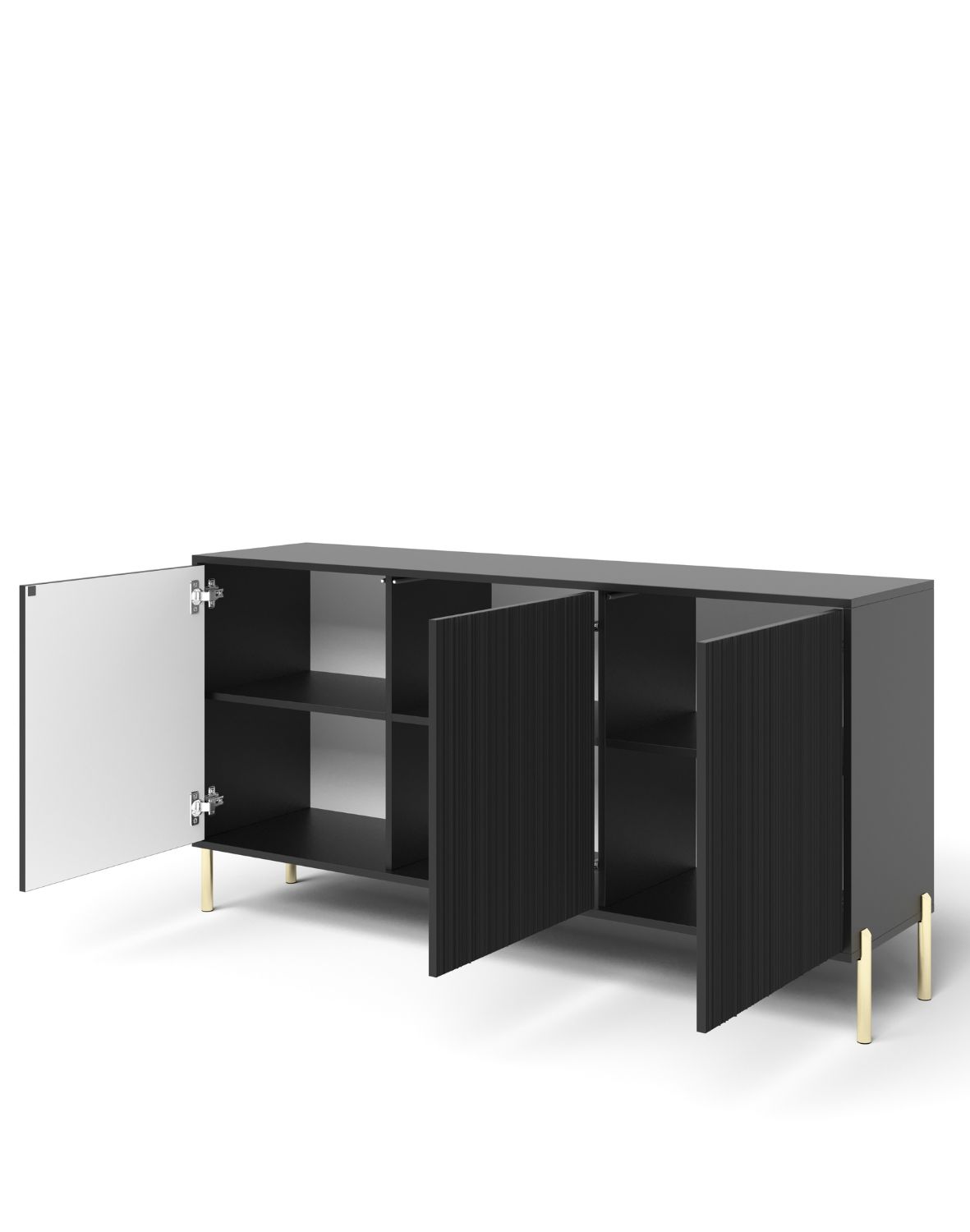 Komoda Oslo 154 cm – Czarna z Ryflowanym Frontem i Złotymi Nóżkami