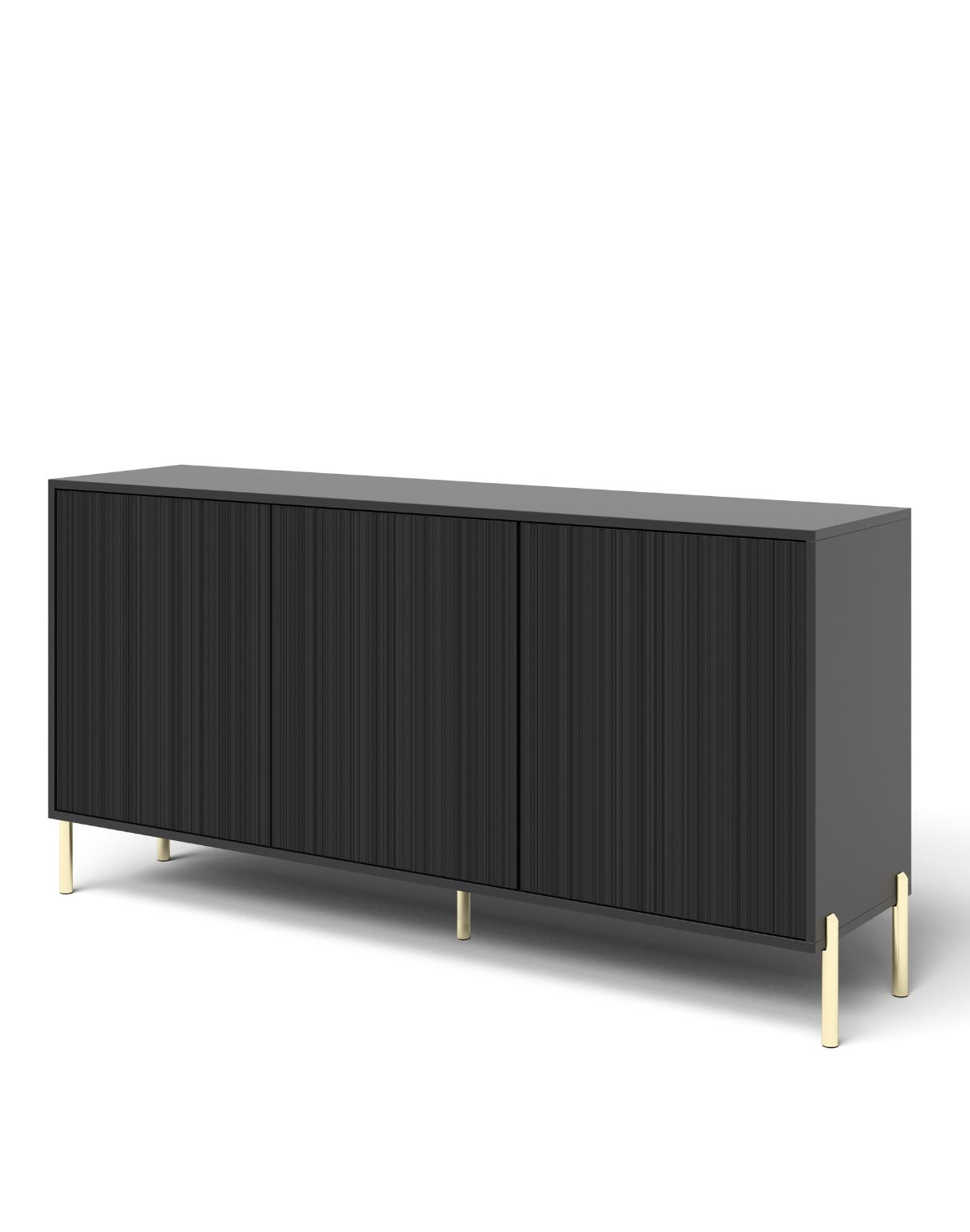 Komoda Oslo 154 cm – Czarna z Ryflowanym Frontem i Złotymi Nóżkami