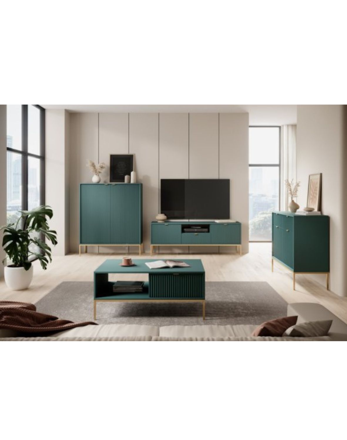 komoda ryflowana nova zielona z szufladami (ksz104), green/gold