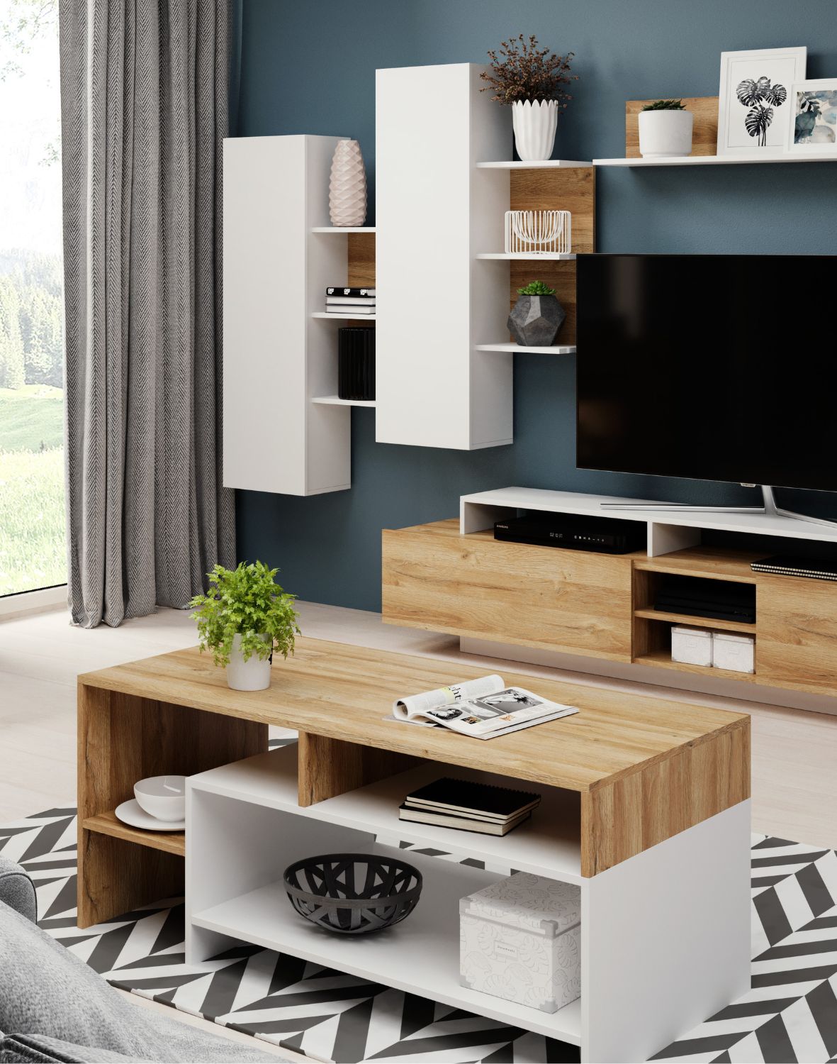 nowoczesna ława do salonu z półkami alva