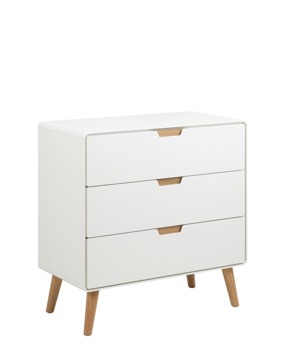 biała komoda lowell z 3 szufladami i dębowymi nogami (05740)