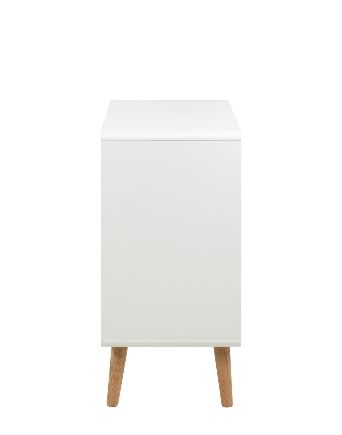 biała komoda lowell z 3 szufladami i dębowymi nogami (05740)