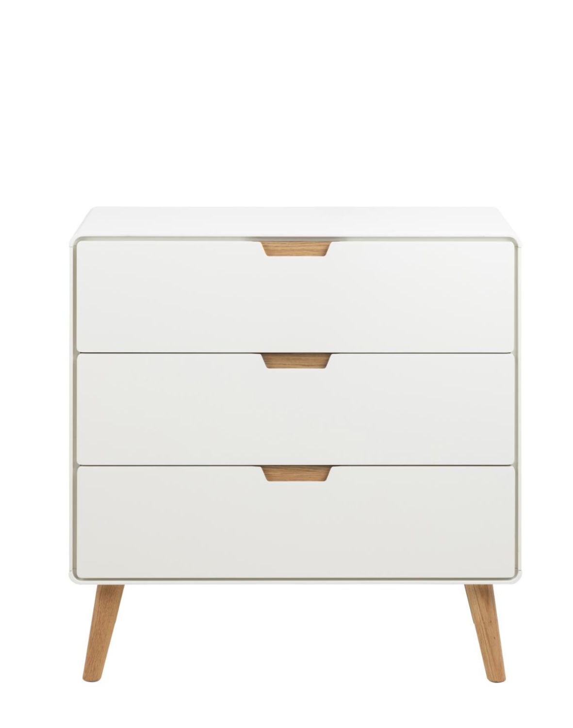 biała komoda lowell z 3 szufladami i dębowymi nogami (05740)