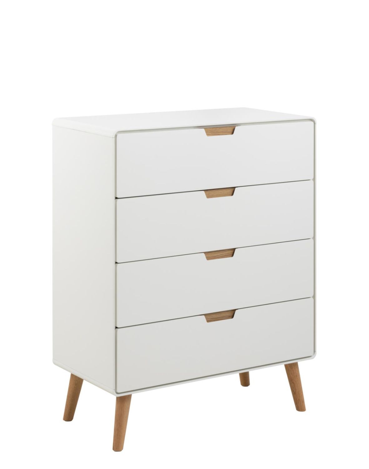 biała komoda lowell z 4 szufladami i dębowymi nogami (05743)