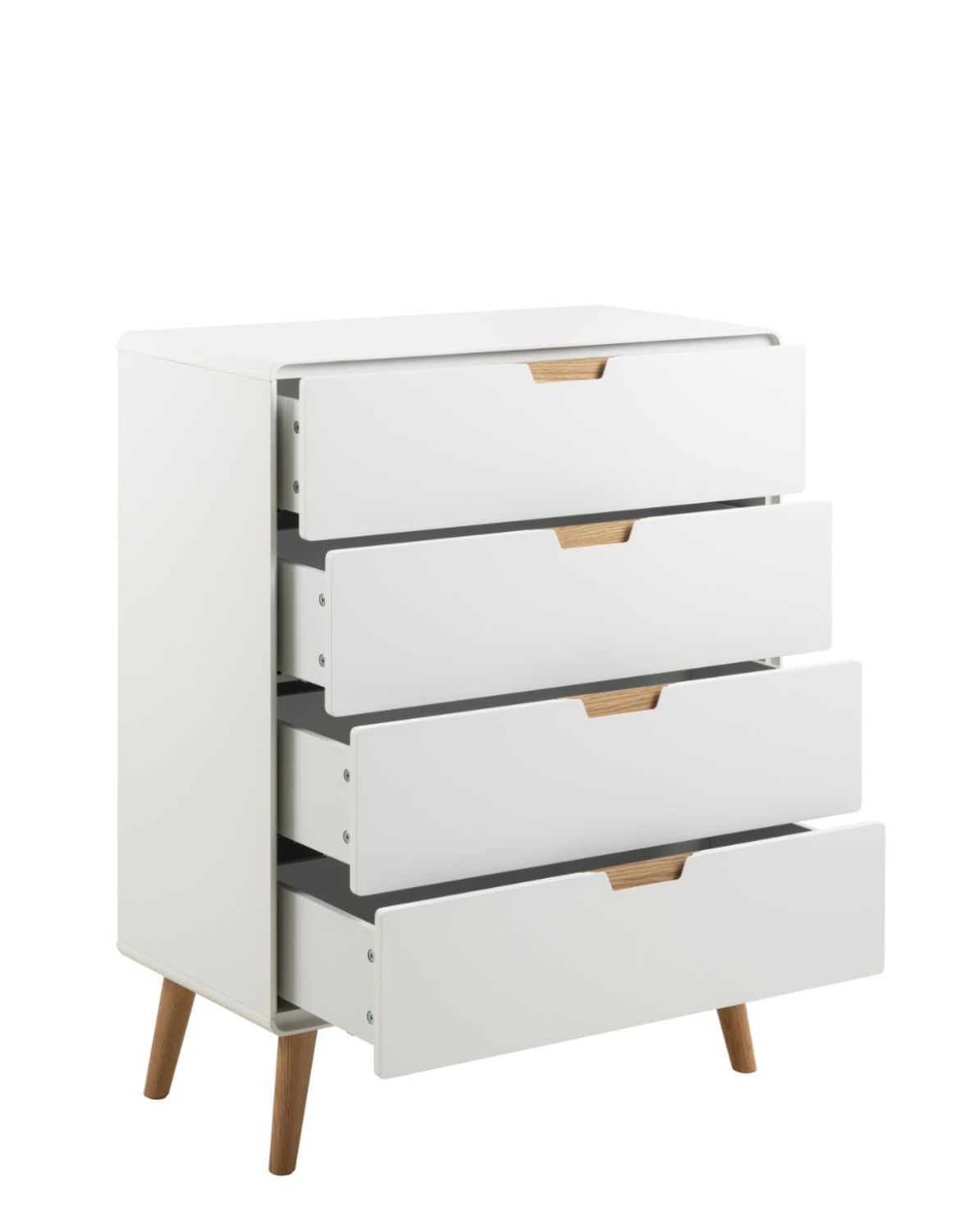 biała komoda lowell z 4 szufladami i dębowymi nogami (05743)