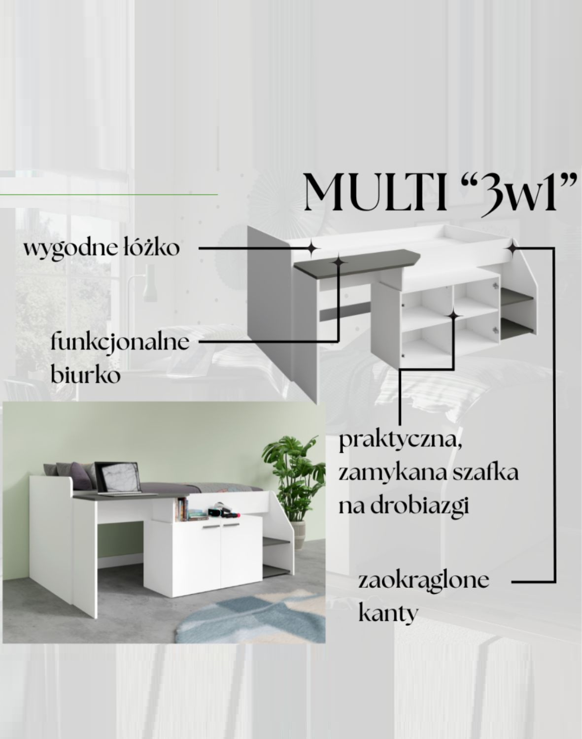 Meblościanka Multi 3w1 – łóżko, biurko i szafka