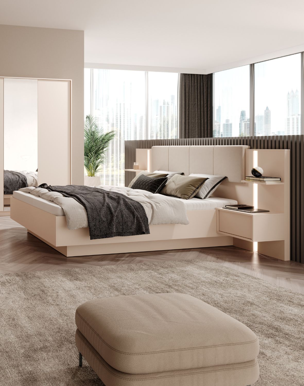 łóżko z szafkami nocnymi i led dast k