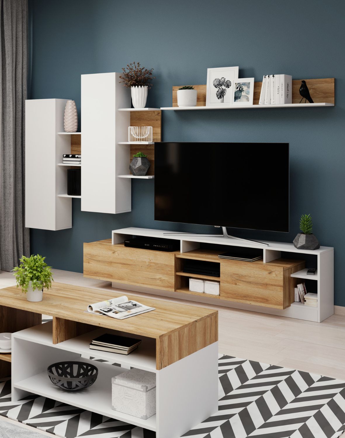 meblościanka do salonu alva biała z dekorem dąb grandson