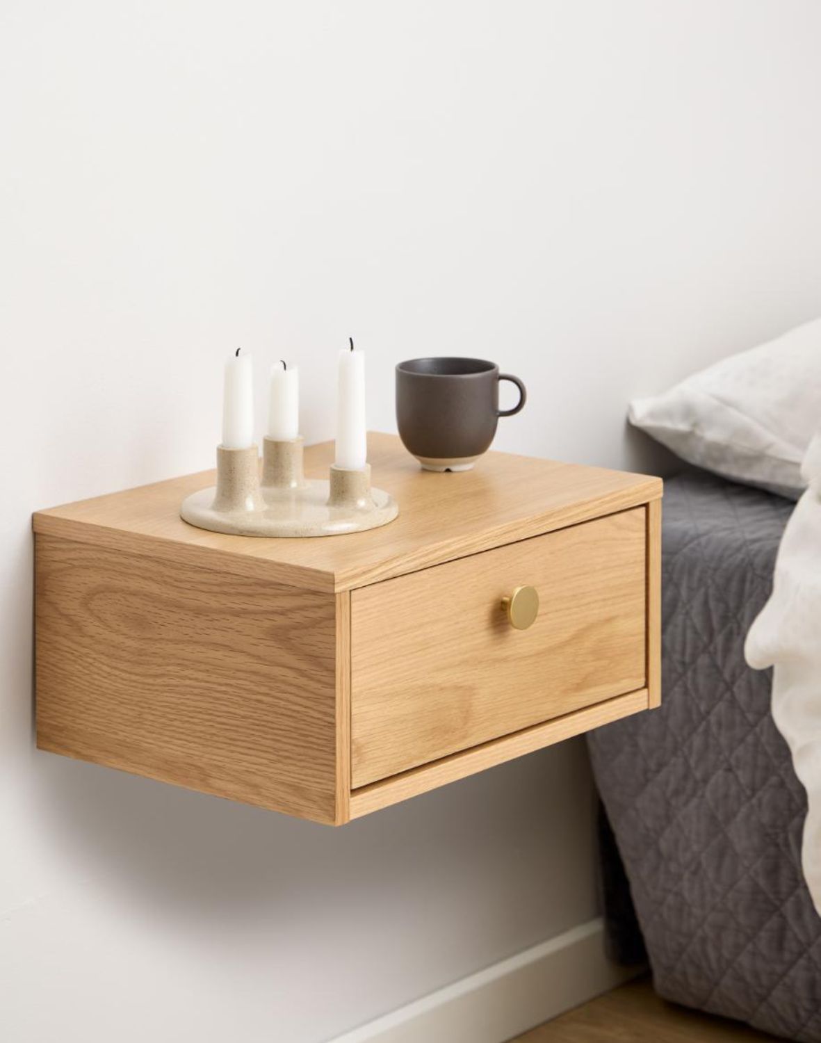 stolik nocny monfort, naturalny dąb, ścienny, z szufladą (10858)