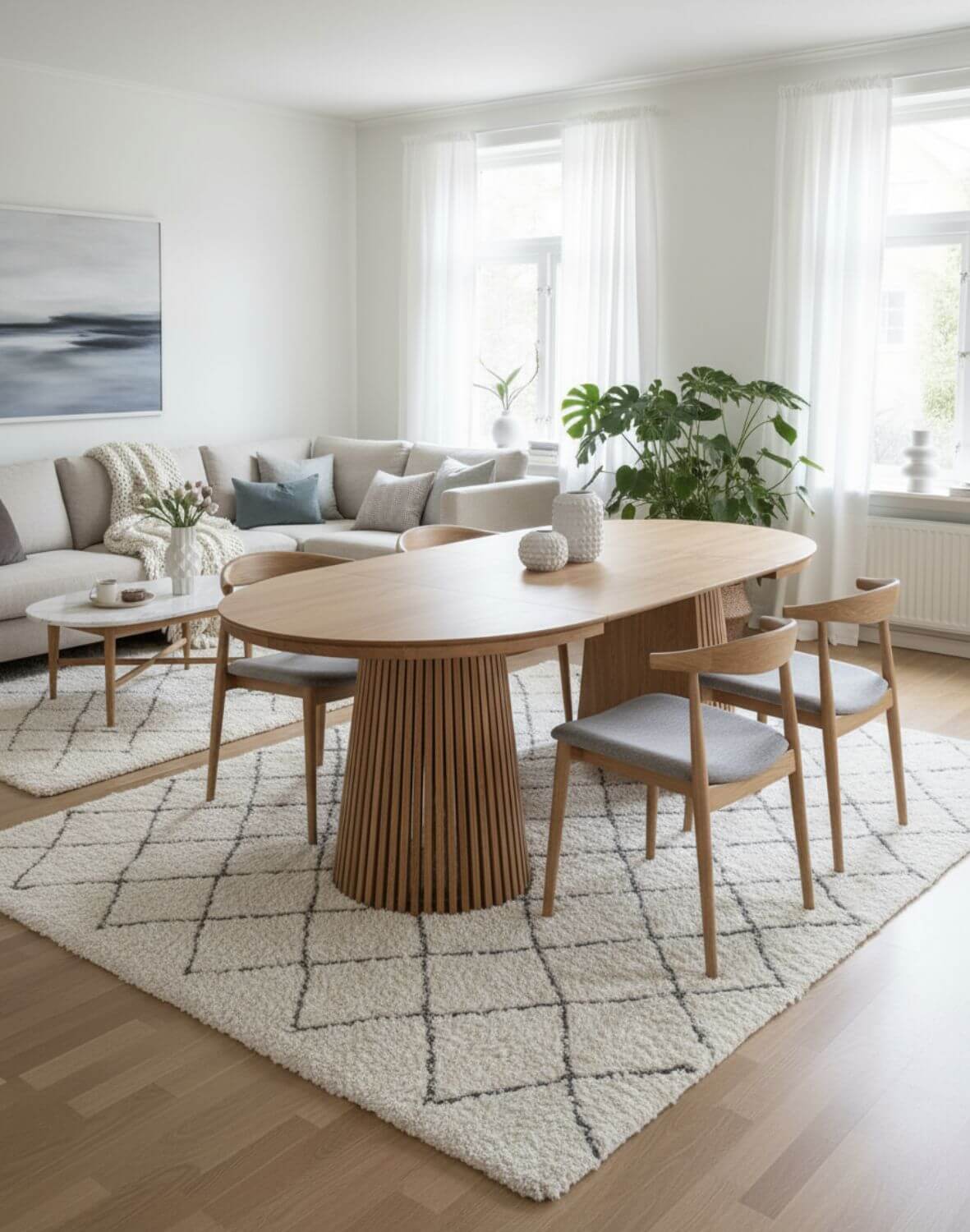 jadalnia z okrągłym drewnianym stołem fjord i krzesłami viki