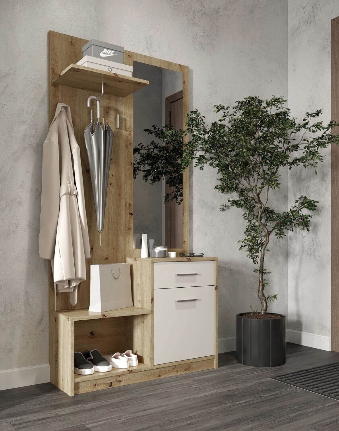 przedpokój pergo z lustrem i szafką na buty, dąb artisan/kaszmir