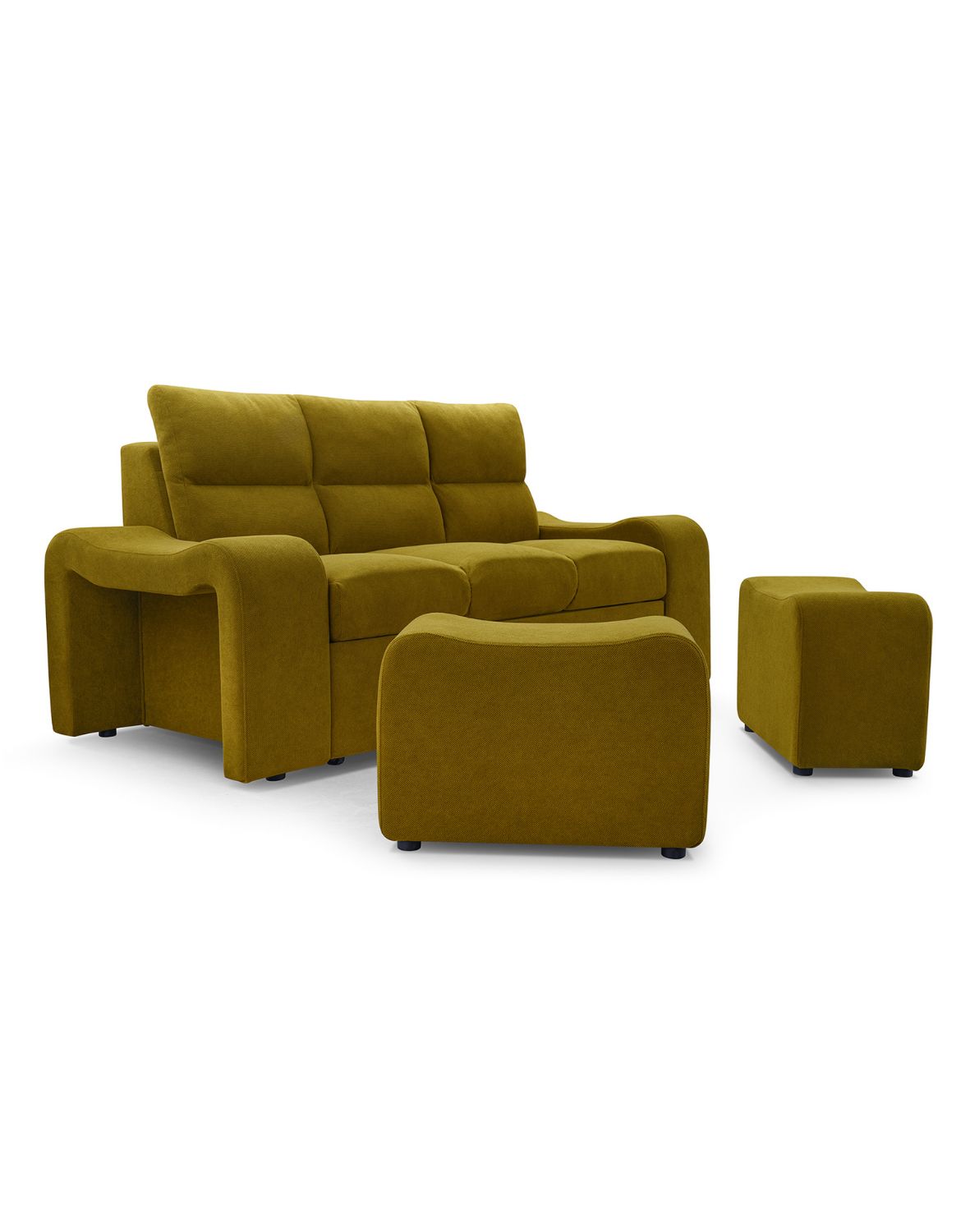 trzyosobowa rozkładana kanapa wela z pufami