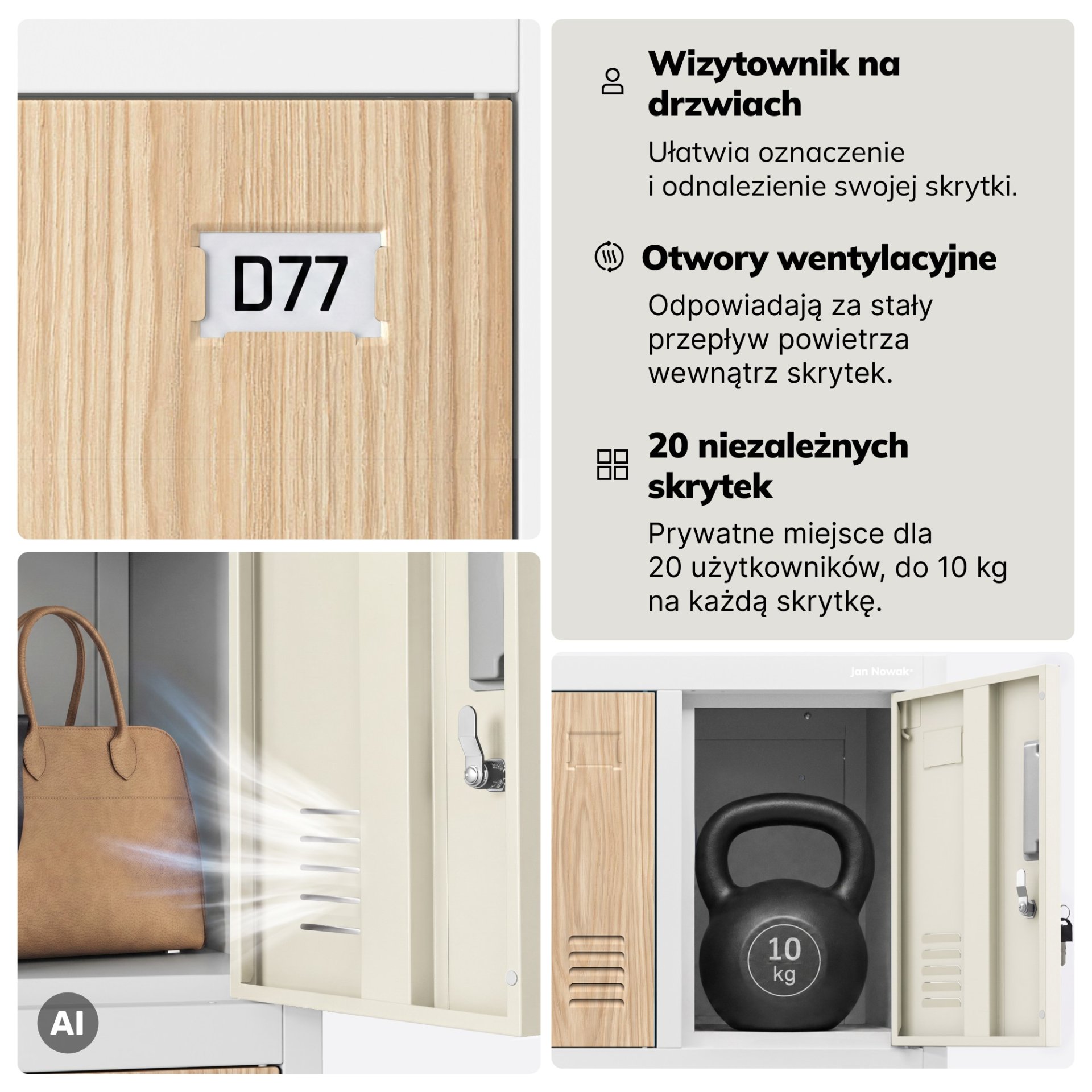 Szafa skrytkowa socjalna 20-skrytkowa na nóżkach biała/dąb sonoma, 1360x1720x450 mm: ROBERT Eco Design 5