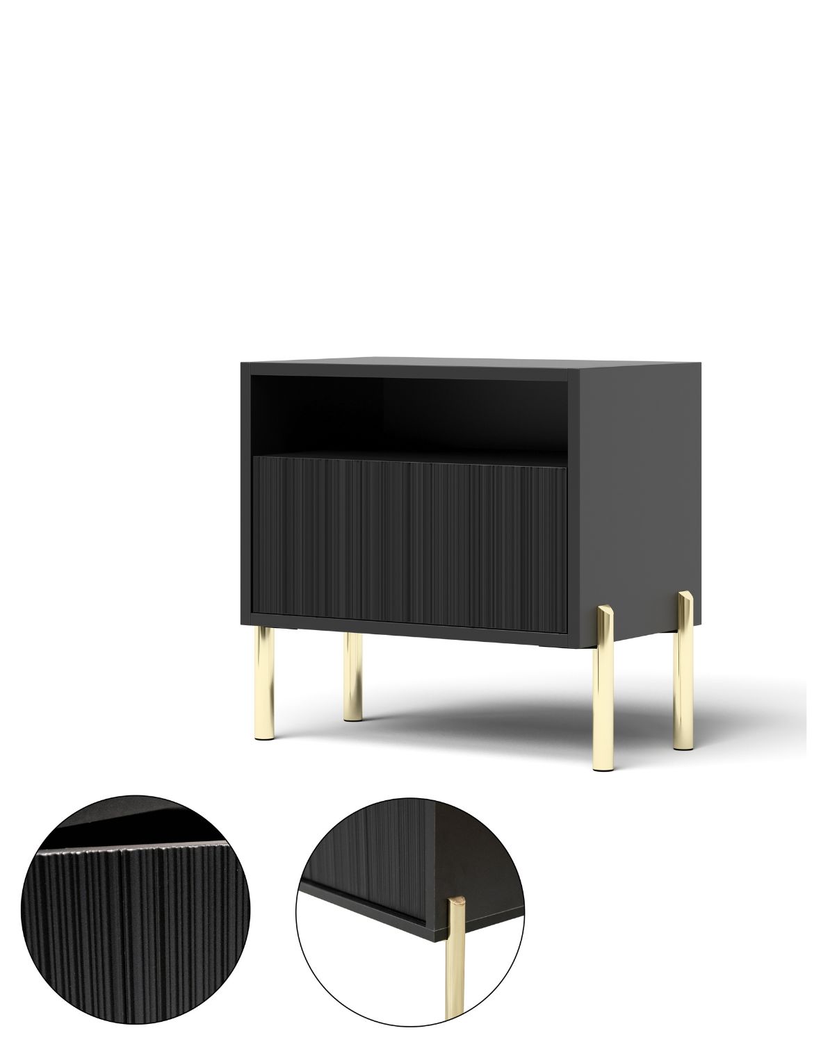 Stolik nocny Oslo czarny 50 cm – ryflowany front, złote nóżki, nowoczesny