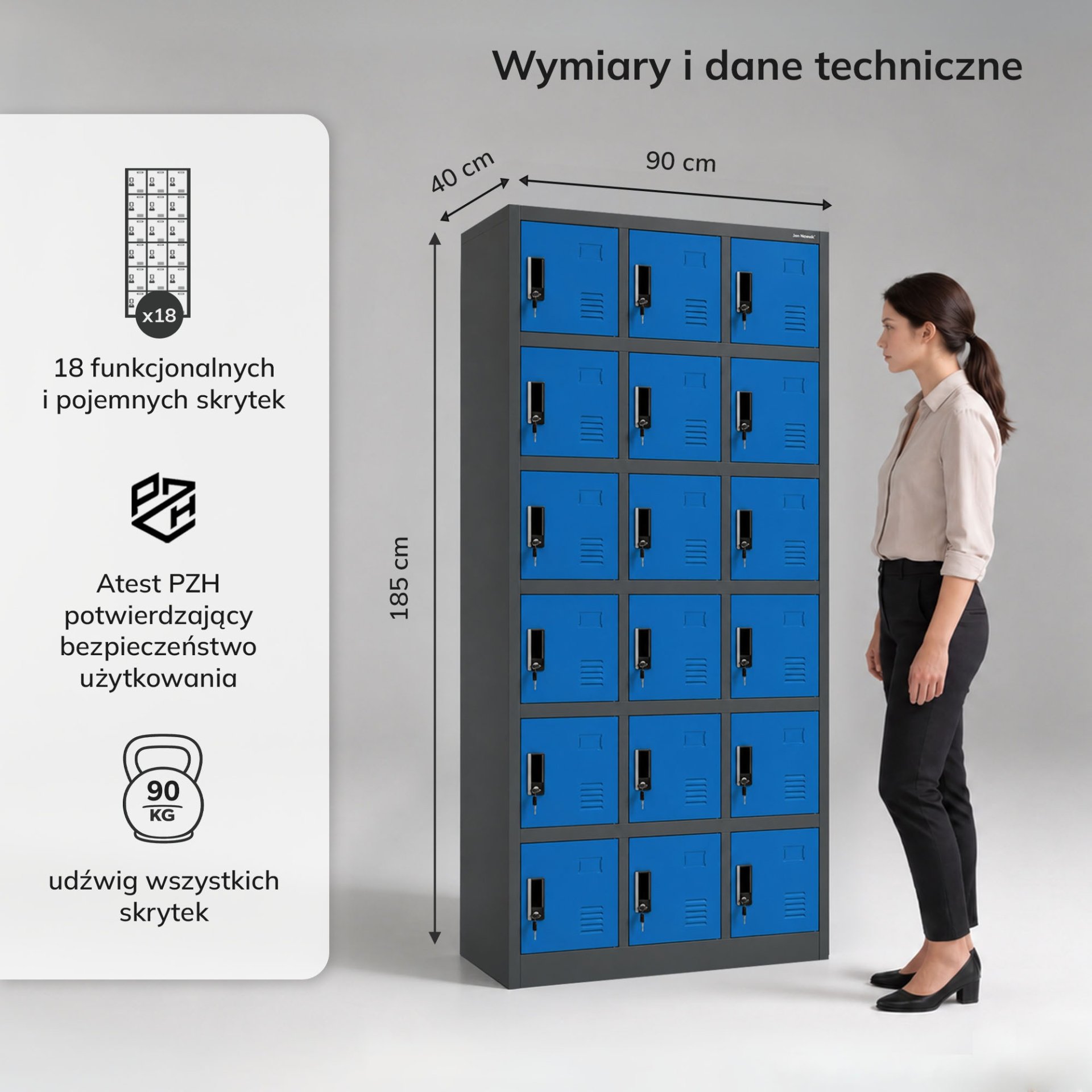 Szafka pracownicza skrytkowa 18-skrytkowa antracytowo-niebieska, 900x1850x400 mm: KAROL 5
