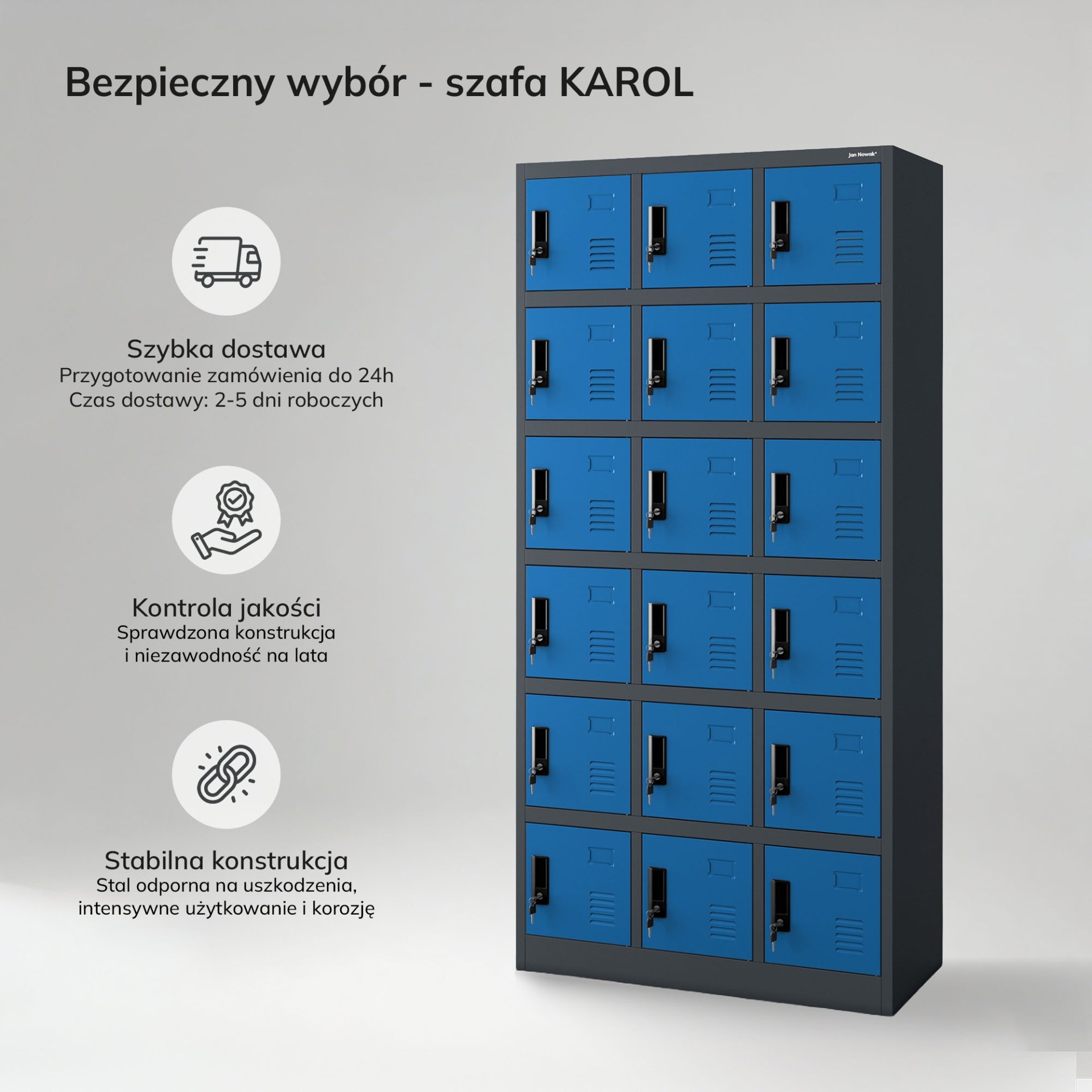 Szafka pracownicza skrytkowa 18-skrytkowa antracytowo-niebieska, 900x1850x400 mm: KAROL 8
