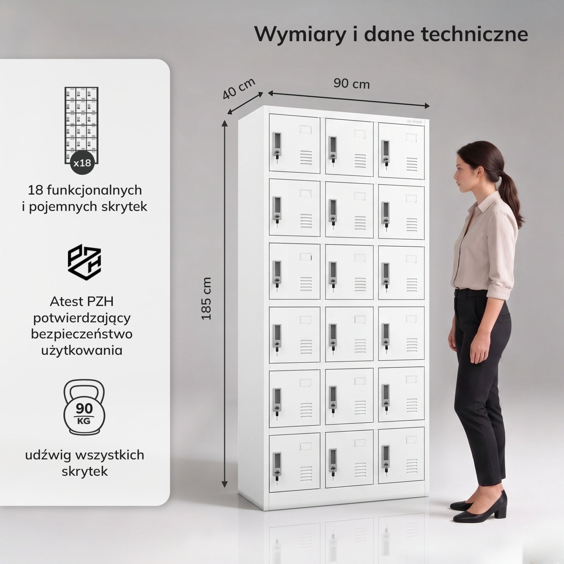 Szafka pracownicza skrytkowa 18-skrytkowa biała, 900x1850x400 mm: KAROL 5