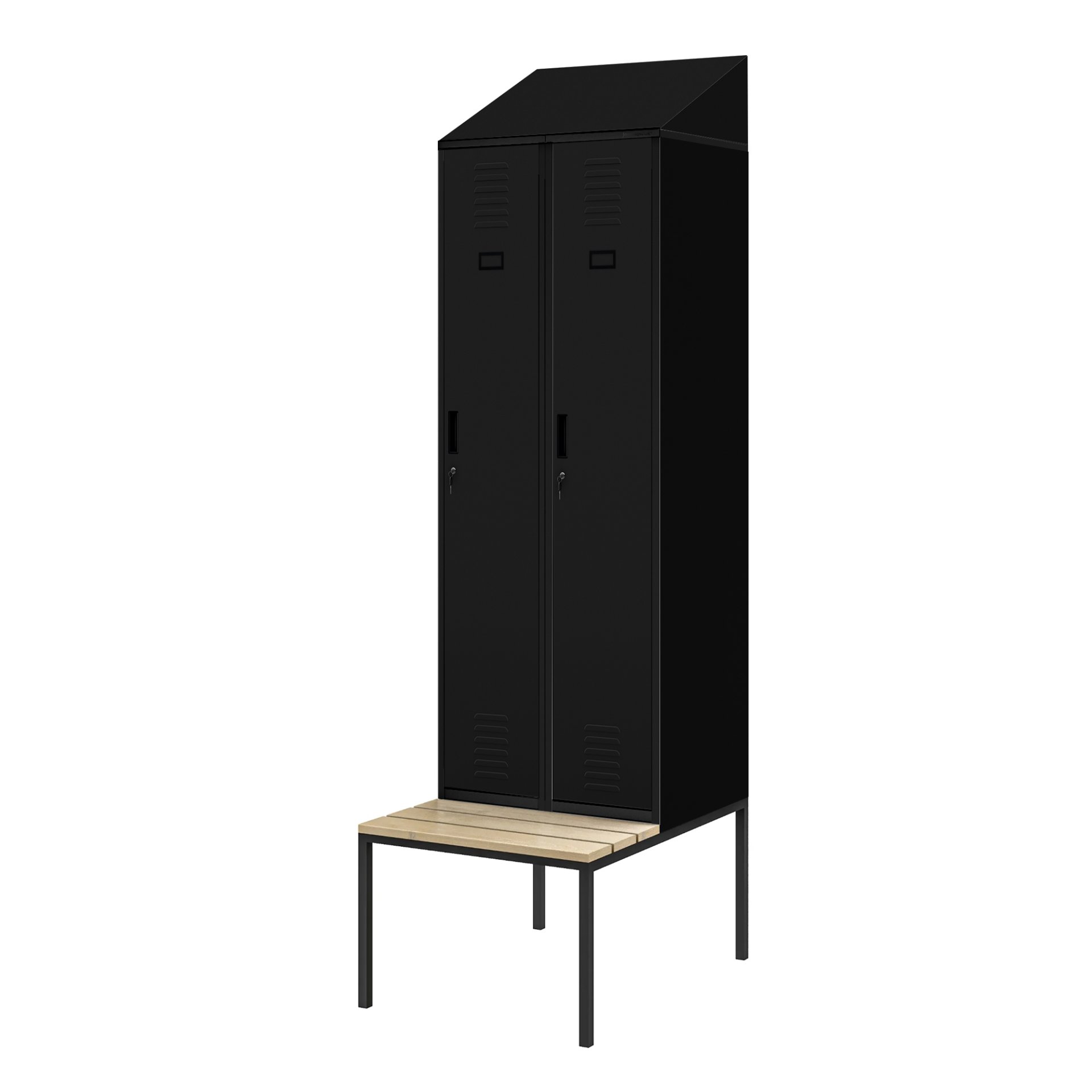 Szafka pracownicza ubraniowa wąska z ławką i daszkiem czarna, 600x2295x850 mm: KACPER II PRO 1