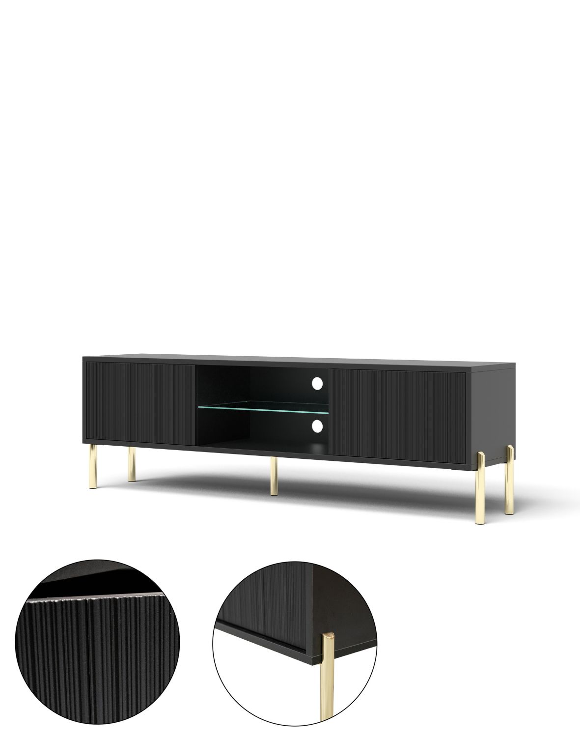 Szafka RTV Oslo czarna 135 cm ryflowany front, złote nóżki, nowoczesna