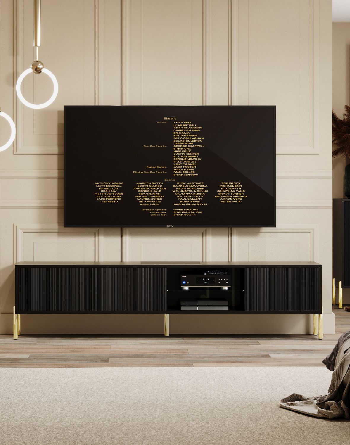 Szafka RTV Oslo czarna 175 cm ryflowany front, złote nóżki, nowoczesna