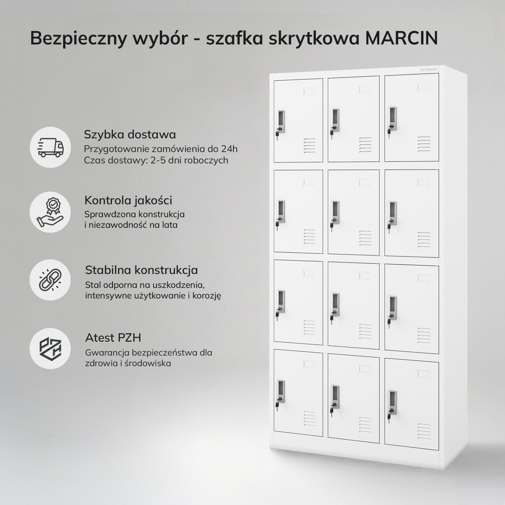 Szafka skrytkowa socjalna 12-skrytkowa biała, 900x1850x400 mm: MARCIN 8