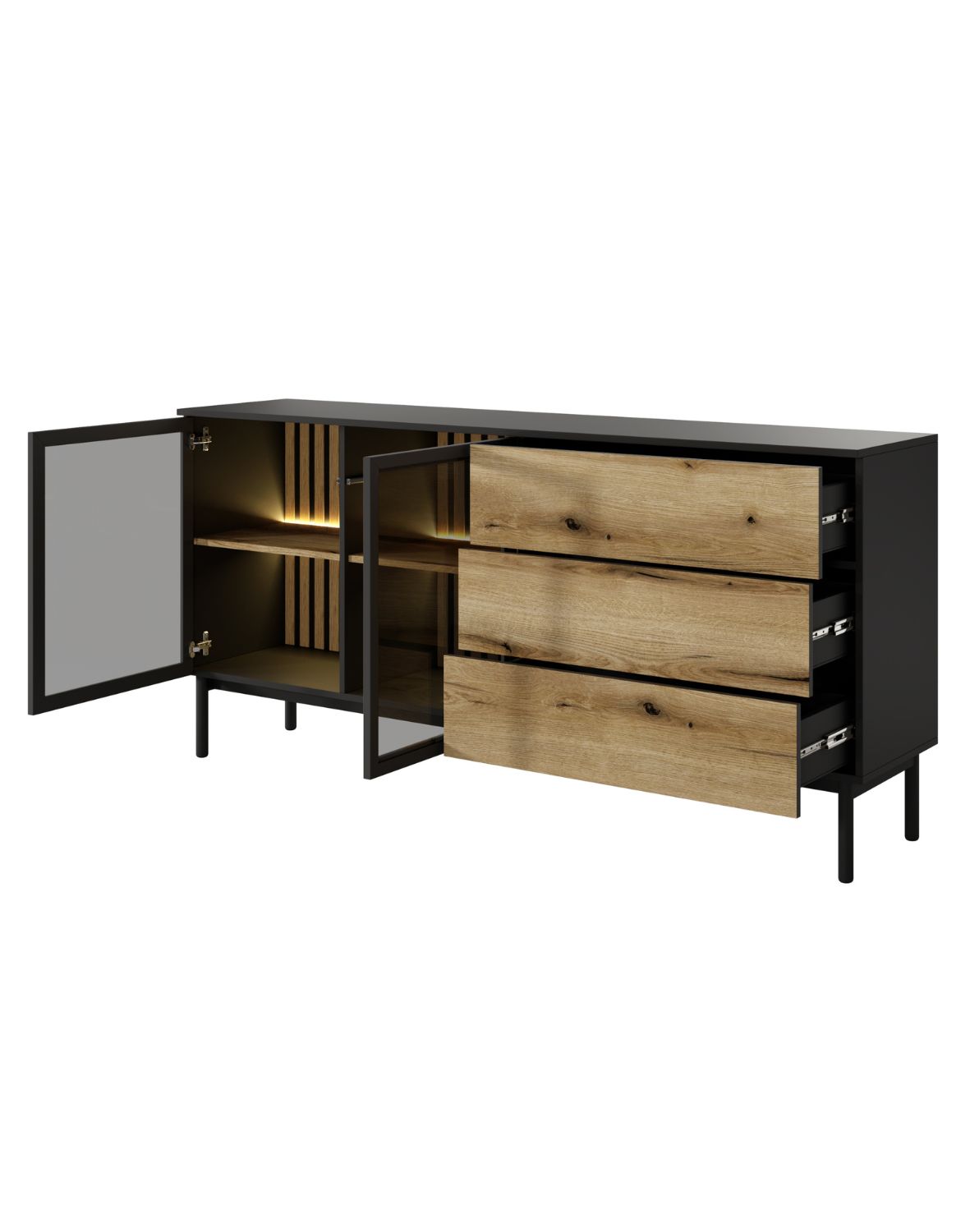 szeroka komoda z witryną i szufladami lang d 180