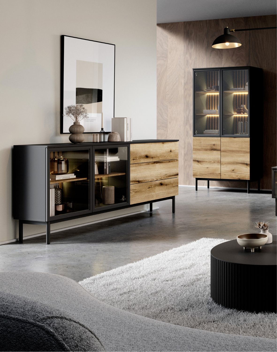 szeroka komoda z witryną i szufladami lang d 180