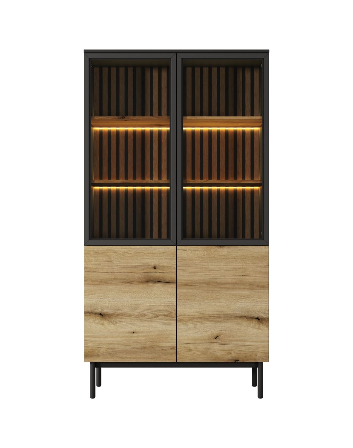 wysoka witryna do salonu z oświetleniem led lang a