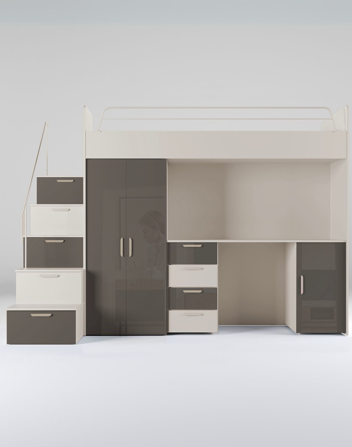 Patrová postel Raj 4 Kašmír lesk - šatní skříň, psací stůl a schody s úložným prostorem